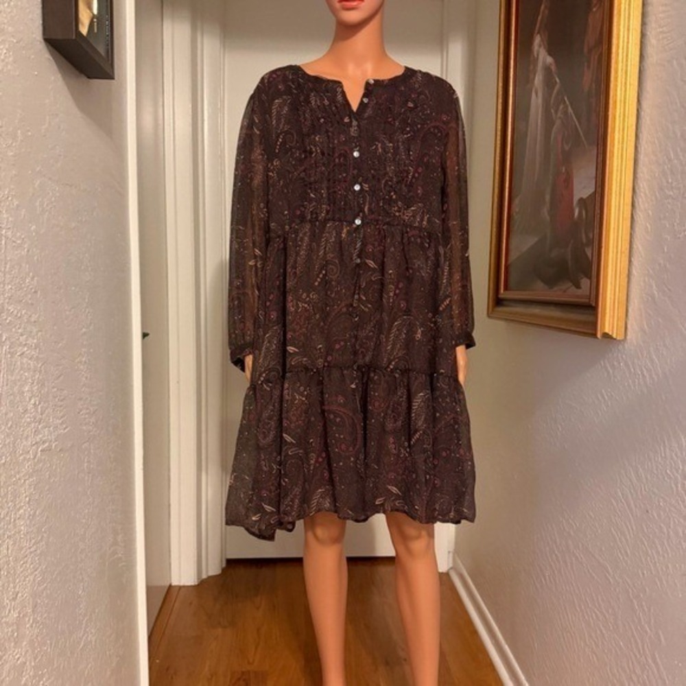 Lucky Brand Brown Paisley Babydoll Dress Boho Long Sleeve Size Large Lined Body - Picture 8 of 9